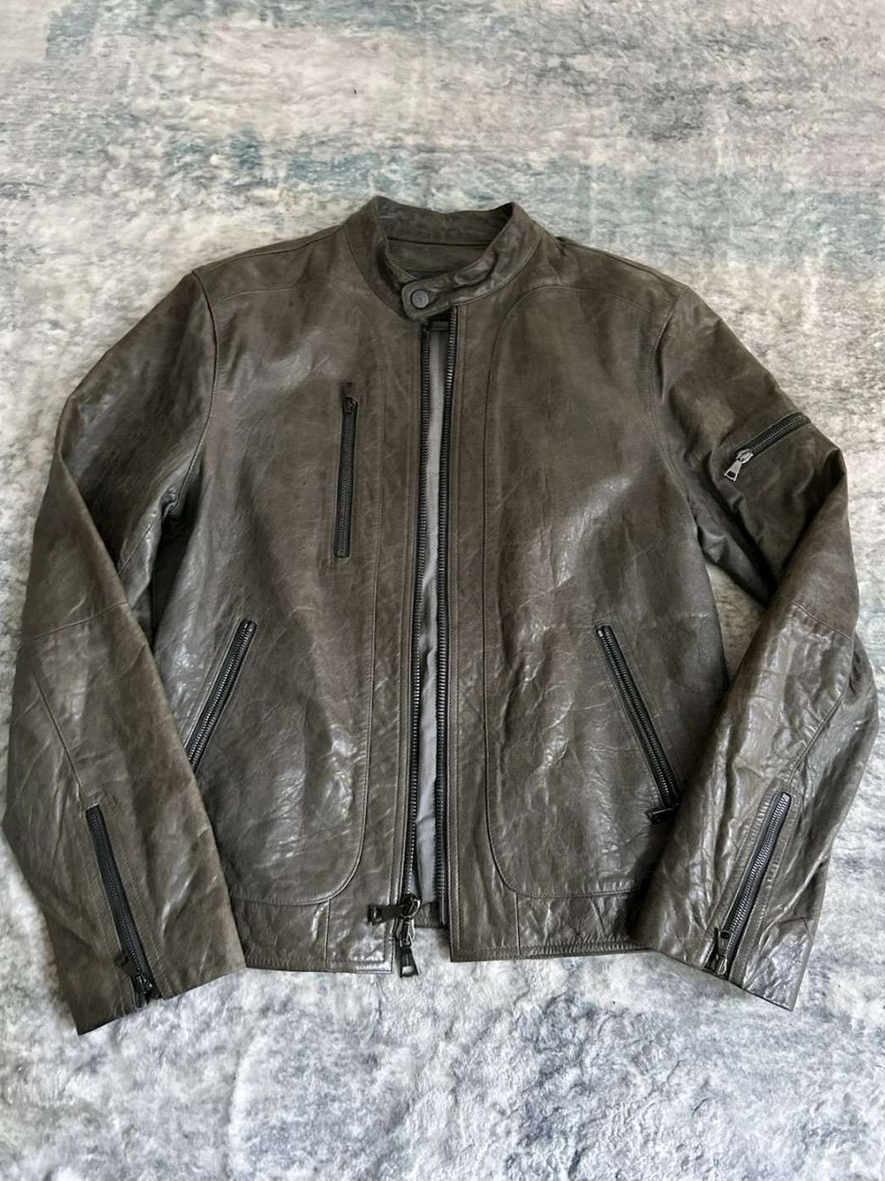 John Varvatos Men's Moto Jacket Grey (Earth Tones) Crinkled Leather Size 48